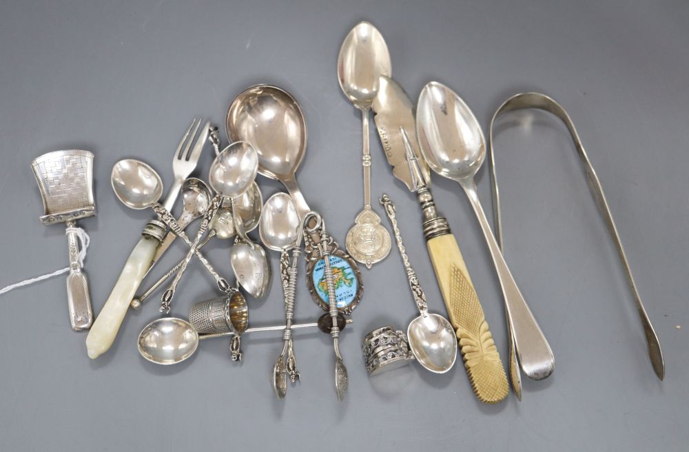 Mixed silver and white metal flatware including a George III silver caddy spoon, Birmingham, 1814, 19th century butter knife, etc.